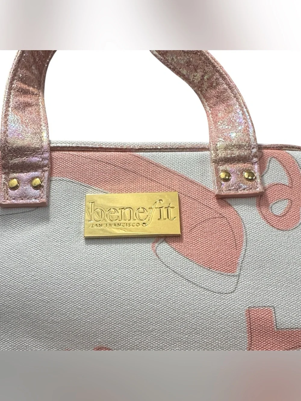 Benefit San Francisco Hello Makeup Train Case Cosmetic Travel Bag Pink & White